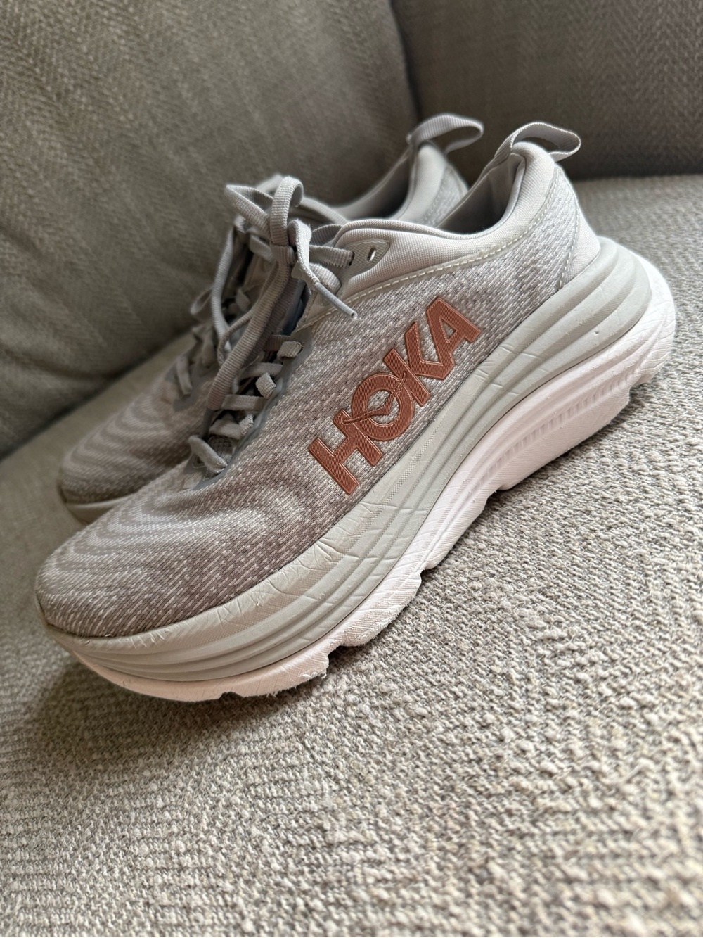 Hoka Women's Neutral Running Shoes in Light Taupe with Rose Logo